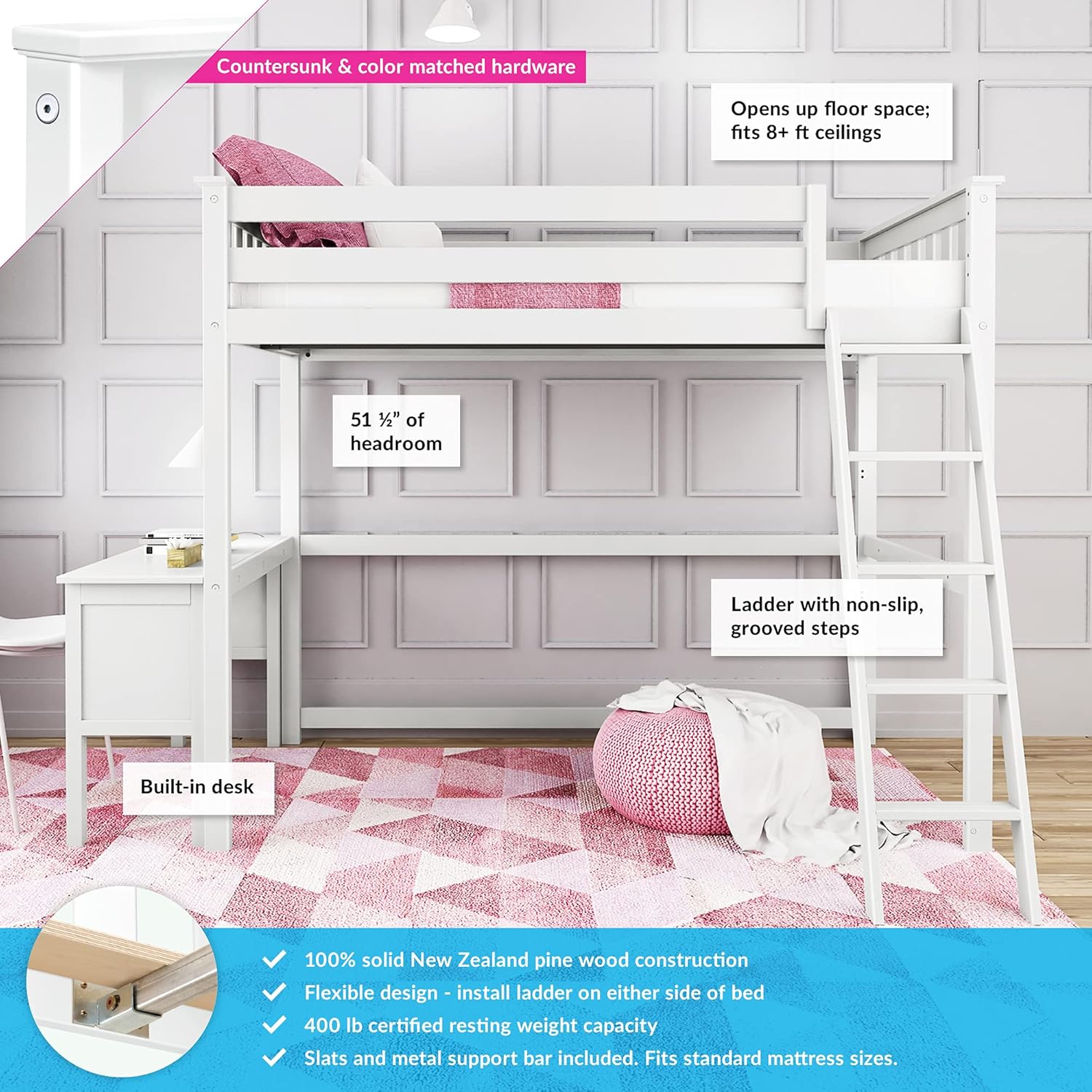Max & Lily Twin-Size High Loft Bed with Ladder & Desk, White