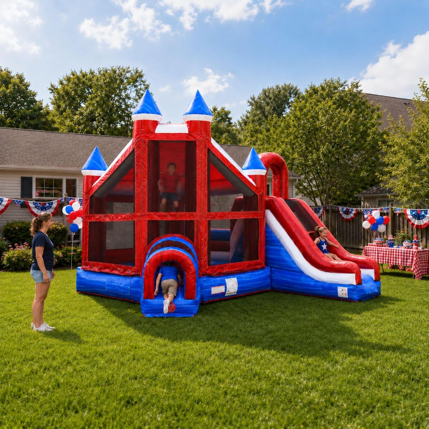 TentandTable Inflatable Bounce House with Slide for Kids 5-12 Large, Commercial Grade Bouncy Castle for Adults, Jump House, Includes Electric Air Blower, 19' L x 15' W x 16' H, Red White and Blue
