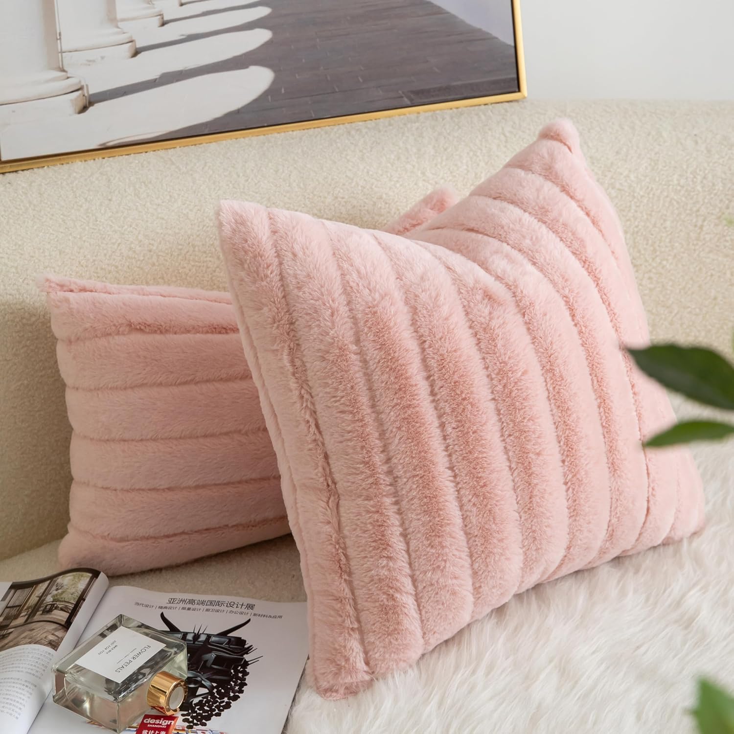 Pack of 2 Faux Fur Throw Pillow Covers 20x20 Inch Striped Decorative Soft Plush Couch Pillow Case Home Decor for Bed, Sofa, Living Room Pink