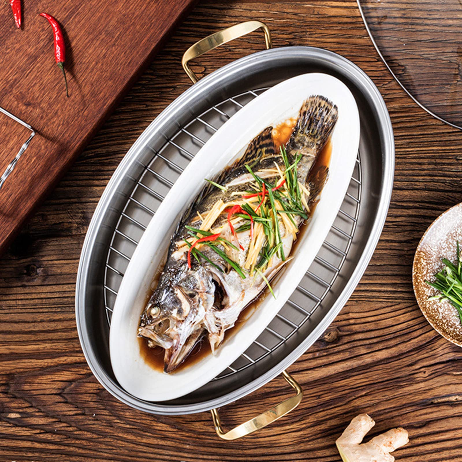 Fisch-Dampfgarer aus Edelstahl, elliptischer Bräter, Mehrzweck-Ovaler Nudeltopf mit Gestell, Induktionsgeeignet, spülmaschinenfest/ofenfest, Truthahnbräter (einlagig)