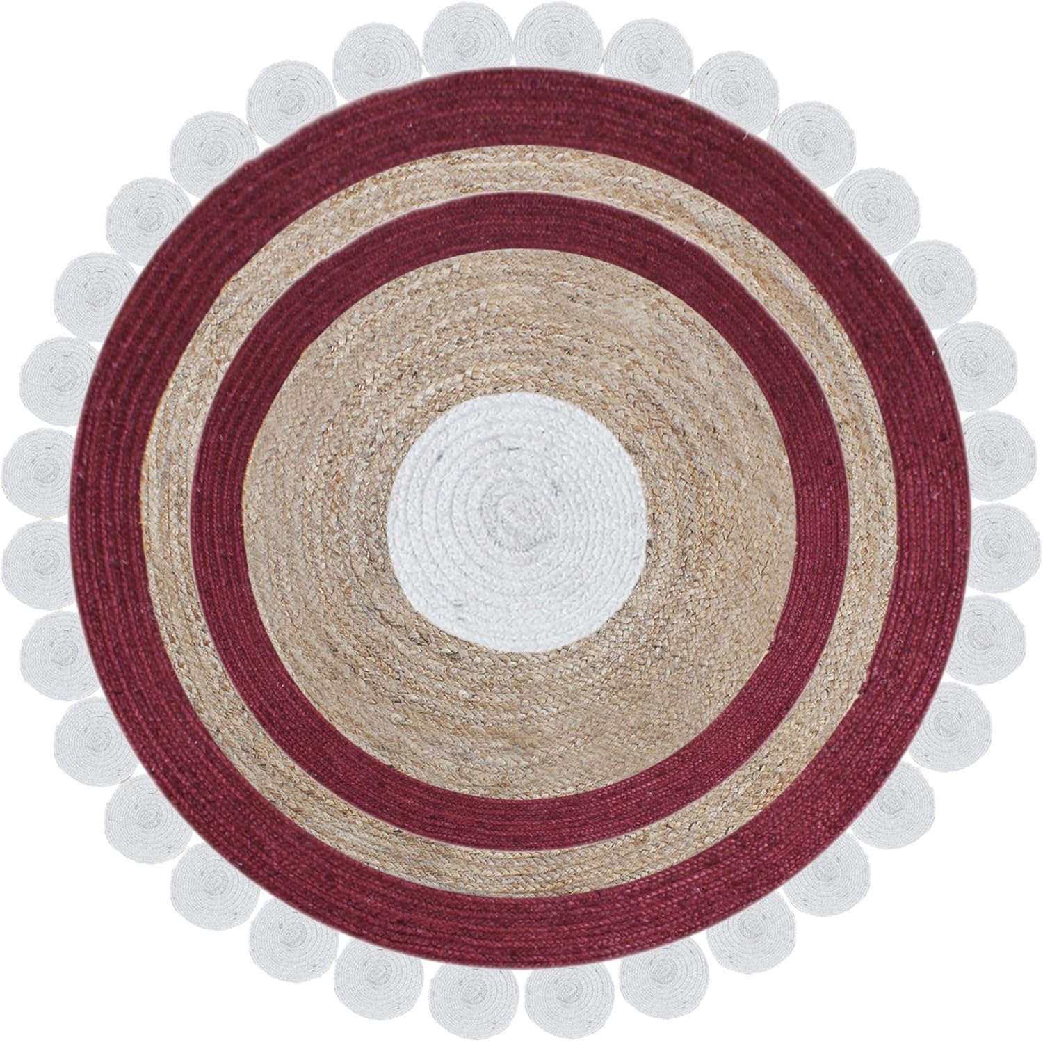 Tapis rond en jute fait main 122 cm avec élégants bords festonnés pour salon