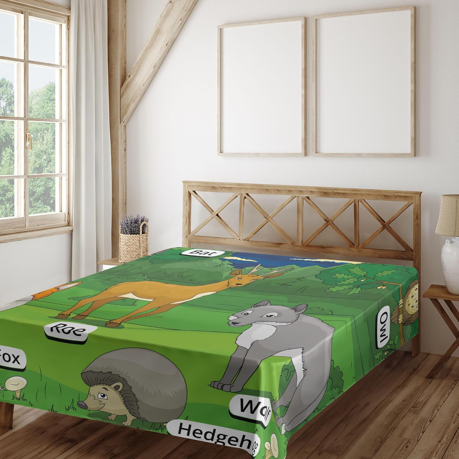Ambesonne Science Flat Sheet, Forest with Cartoon Animals with Names Intellectual Fun Game, Soft Comfortable Top Sheet Decorative Bedding 1 Piece, Queen Size, Multicolor