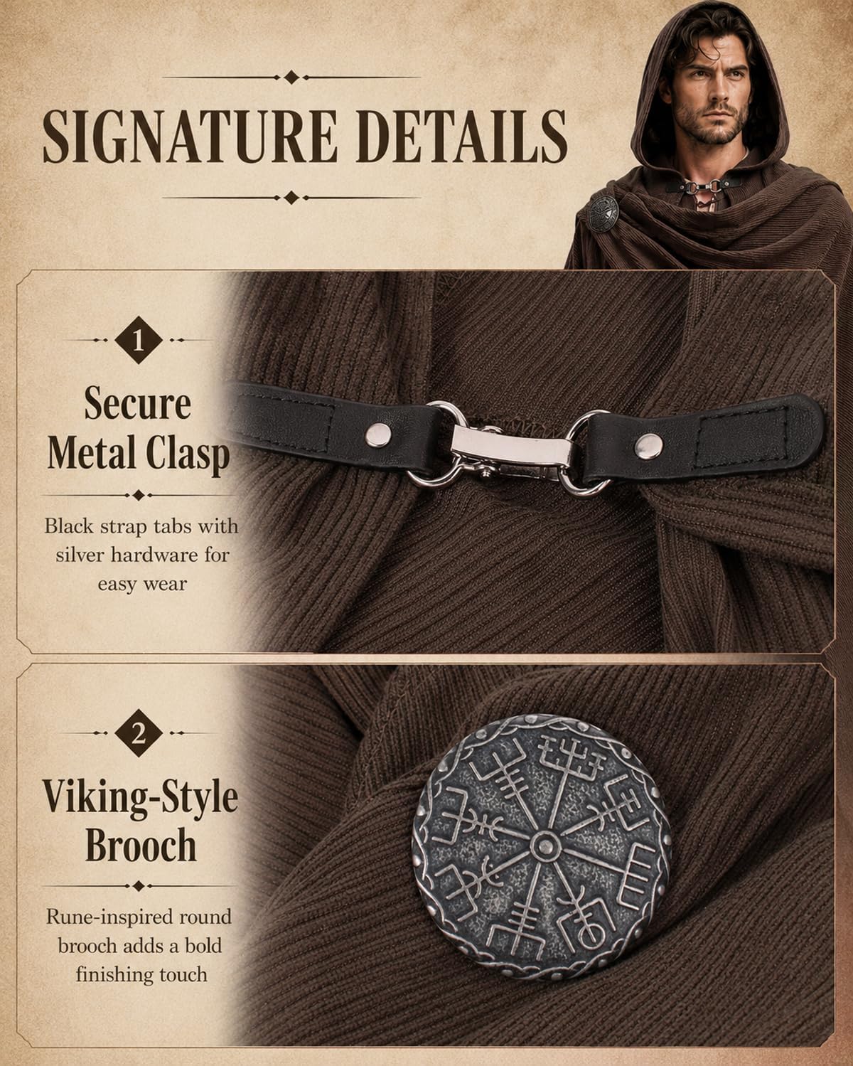Medieval Hooded Cloak Cape with Brooch Fantasy Poncho Vintage Ranger Renaissance Cosplay Robe for Halloween Ren Faire