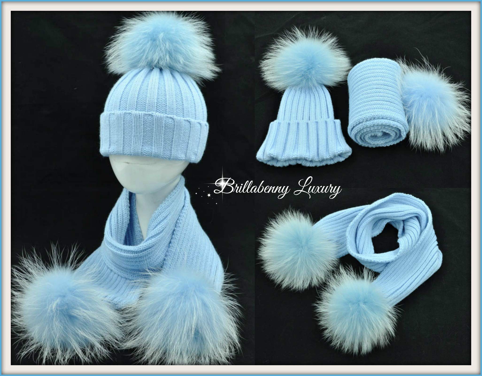 Set Cappello e Sciarpa Bambino PON PON Vera Pelliccia Celeste Azzurro 1-5 Anni Bimbo Cuffia Berretto Blue Baby Kids