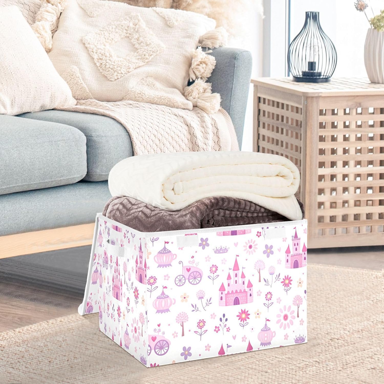 Princess Storyland Castles Fabric Storage Bin with Lid, Collapsible Basket with Handles, Shelf Cube Closet Organizer for Home and Bedroom
