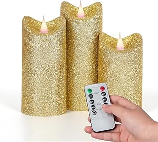 Set of 3 Gold Glitter Candle Real FlameEffect Battery Operated LED Candles, Timer, Remote Included, Home Decoration, Room, Celebration, Hallway, Wedding
