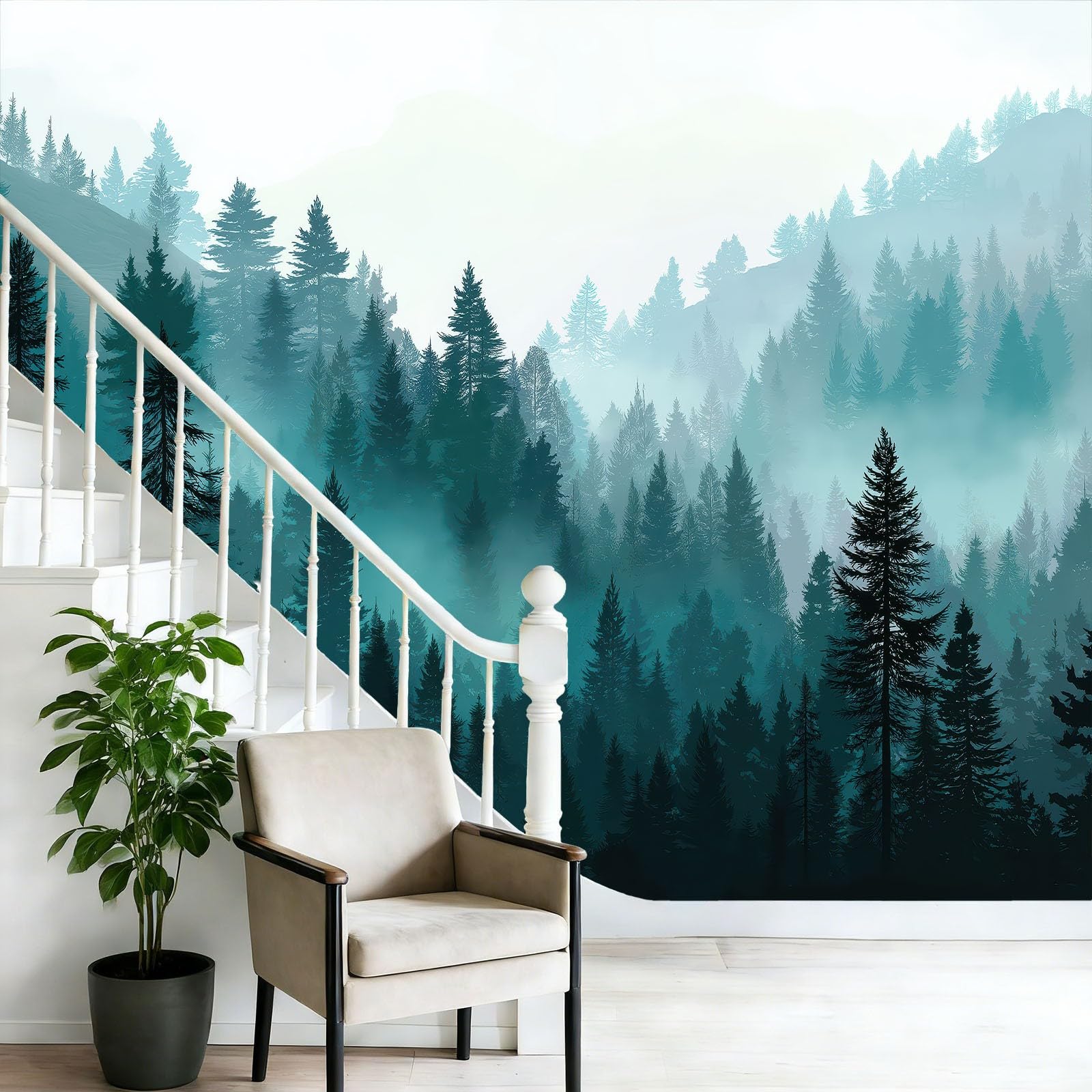 Fototapeta 300 x 210 cm ściany dekoracja salonu design naturalny krajobraz mgła las sosnowy do sypialni salonu tapeta z włókniny, niebieski