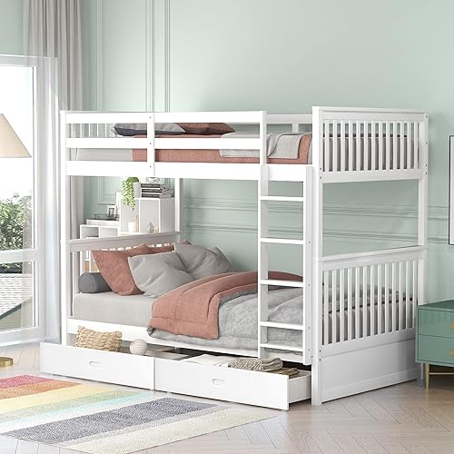 Merax Bastidores de litera individual sobre individual con dos cajones de almacenamiento y rieles de protección de seguridad no necesita somier