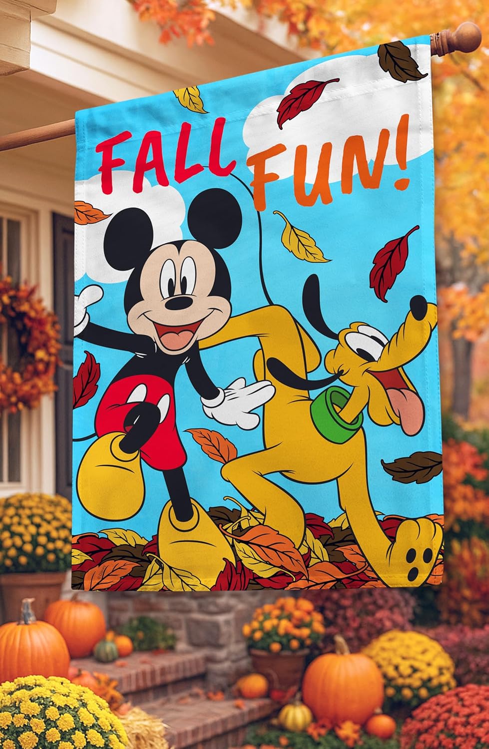 Flagology.com, Disney Fall Fun Mickey and Pluto – House Flag 28" x 40", Exclusive Fabric, Officially Licensed Disney, Fall