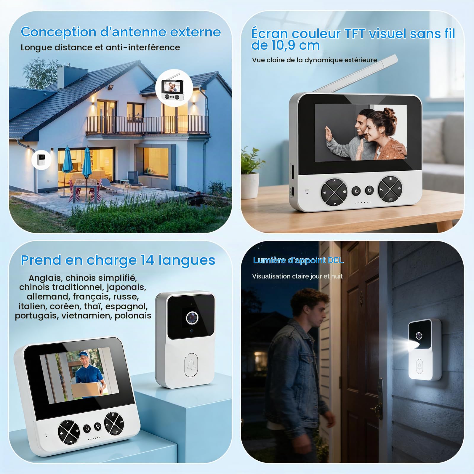Sonnette Vidéo Sans Fil Extérieur avec Caméra - IP65 Étanche 1080P HD - Ecran IPS 4,3 Pouces Interphone Vidéo - Vision Nocturne Infrarouge et Audio Bidirectionnel - Sonnette Sans Fil avec Connexion Bl