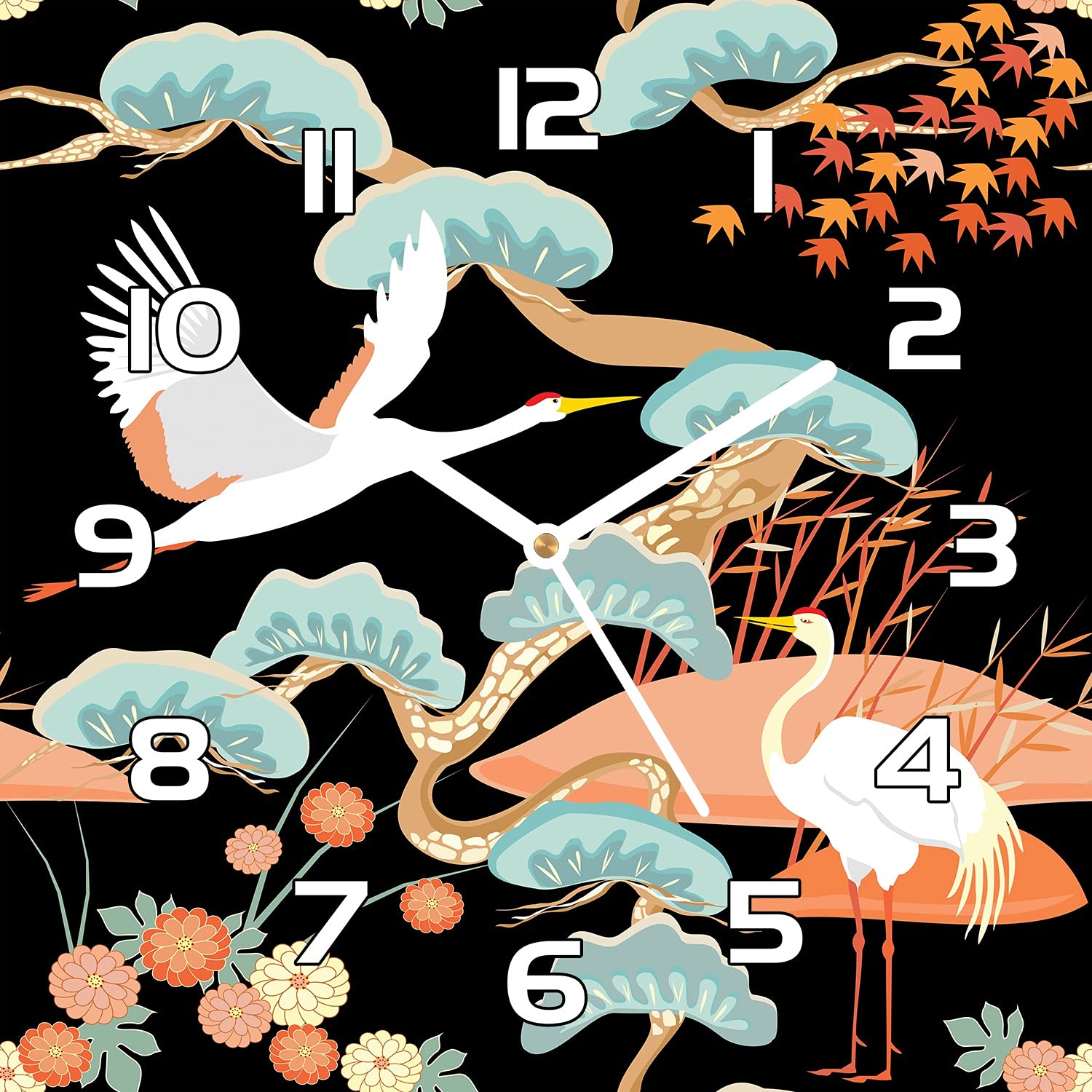 Horloge en Verre 30x30 cm Cuisine et Salon Chinoiserie Crane Birds