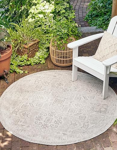 Miniatura 2 de Unique Loom Outdoor Aztec Collection Alfombra de área, coba (5 pies 3 pulgadas, redonda, gris claromarfil)
