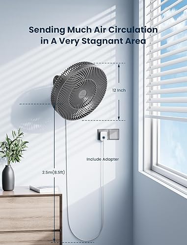 Miniatura 6 de Ventilador oscilante de montaje en pared de 12 pulgadas con control remoto y temporizador, ventilador silencioso de 4 velocidades para bañocaravana,