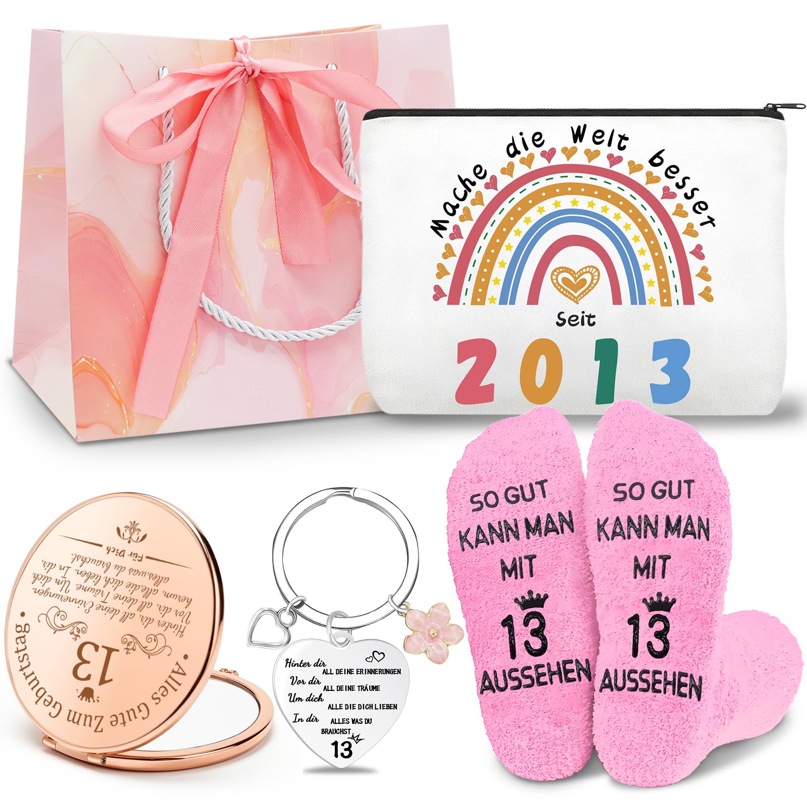 Shining She 13 Geburtstag Mädchen, Niedlich Geburtstag Geschenke für 13 Jährige Mädchen Set mit 2013 Kosmetiktasche, 13. Schlüsselanhänger, 13. Rosa Socken und Kosmetikspiegel Geschenk für Tochter