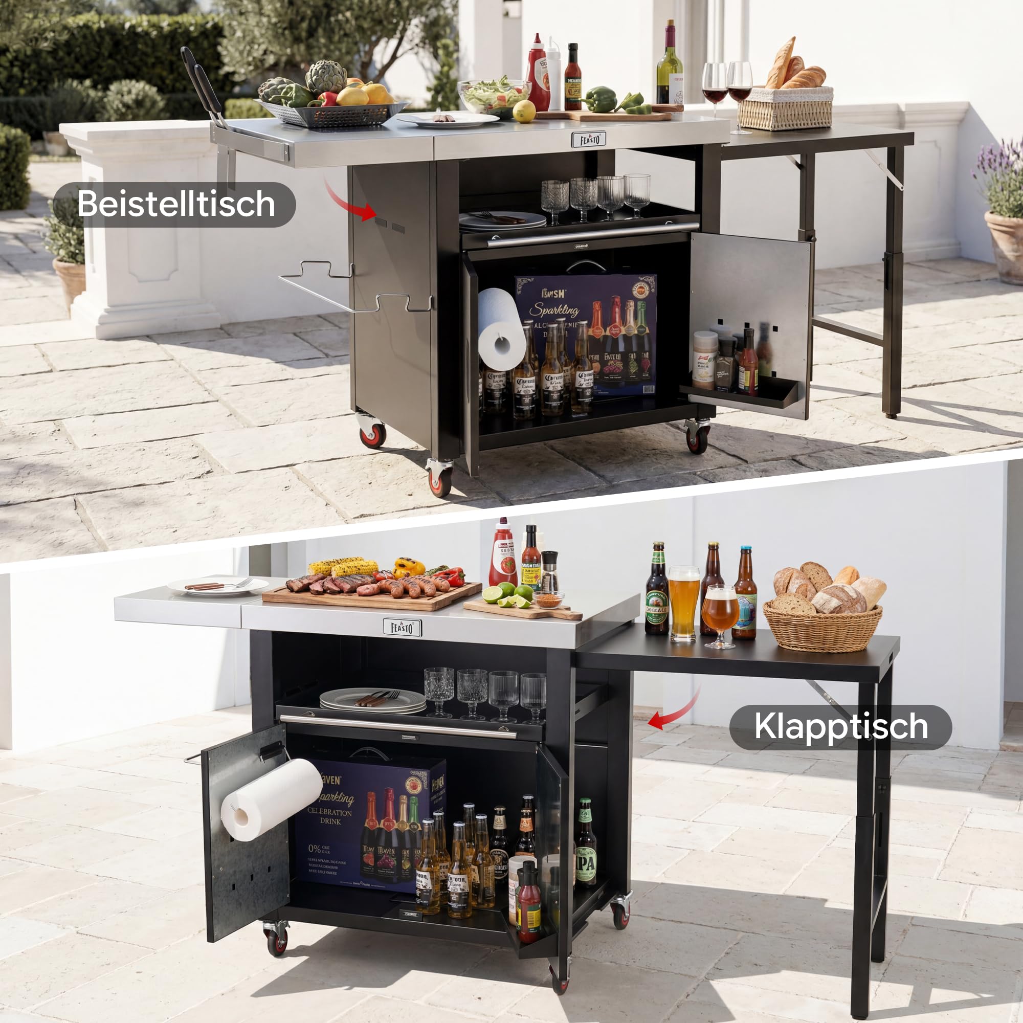 Outdoor-Küche Grillwagen Outdoor Grilltisch Outdoor wetterfest mit Schrank | 188x66x92 cm Servierwagen Pizzatisch mit 2 Klappbarer Beistelltisch, ausziehbare Ablage, für Pizzaofen, Außenküche,Terrasse