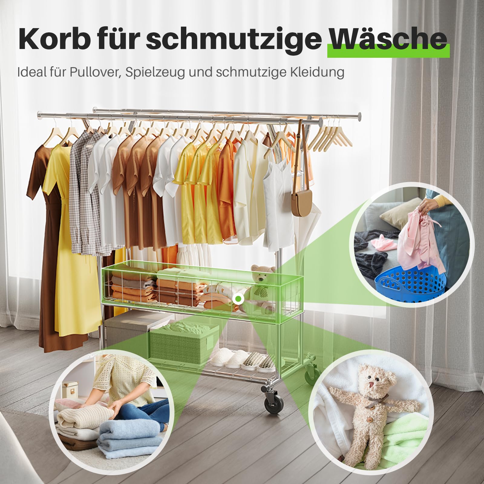 HOKEEPER Burro de Ropa Resistente de Doble Barra, 283kg, con Cesta de Malla y Estante, Extensible - Ideal para Dormitorio, Boutique, Lavandería, Plateado | Perchero extensible con 4 ruedas, 2 bloqueos, fácil de montar