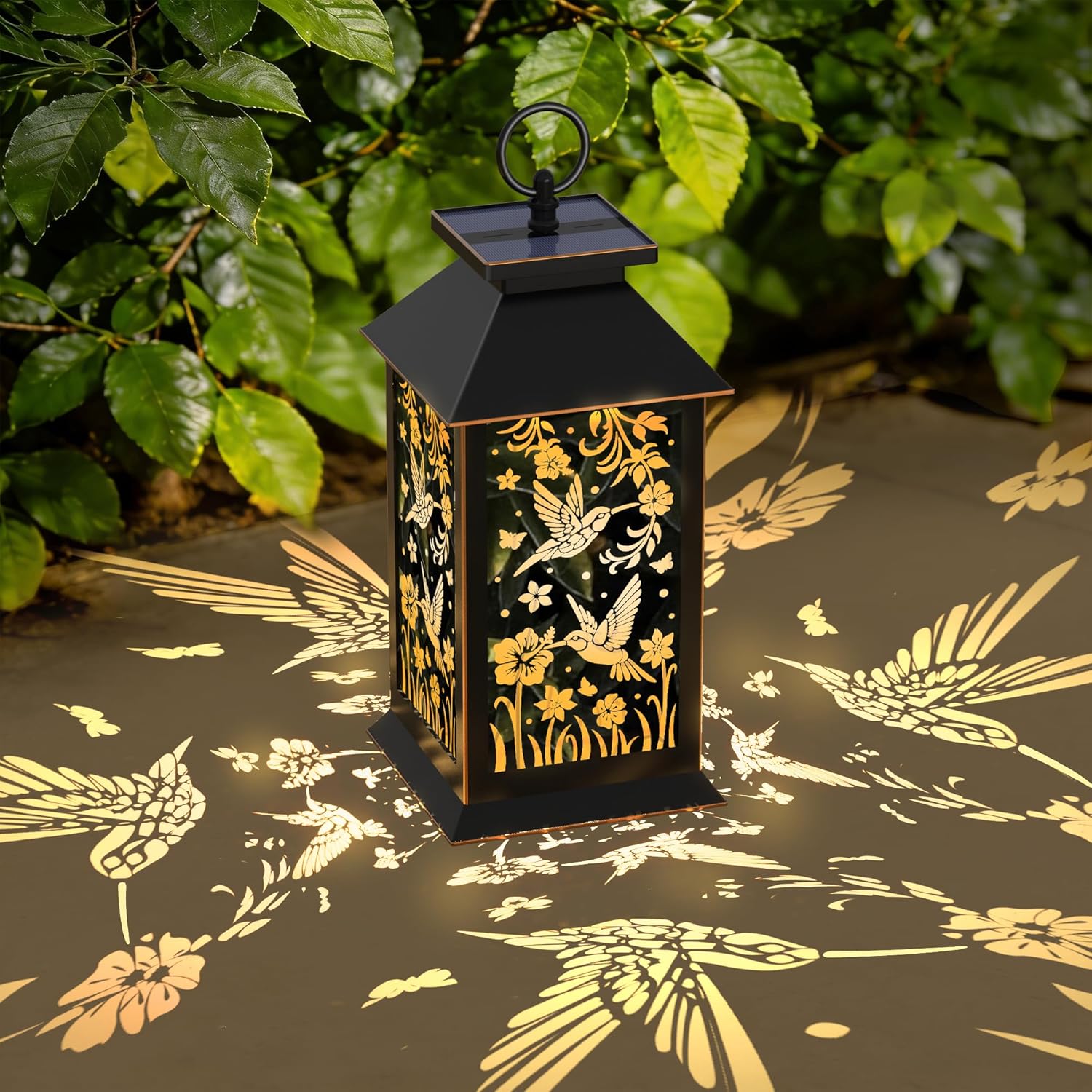 2 Pack Hanging Solar Lanterns, Hummingbird Projection Solar Lights, Outdoor Waterproof Upgraded Solar and 2 AA Batteries Powered, for Outside Porch, Patio and Indoor Tables, Mantelpiece.