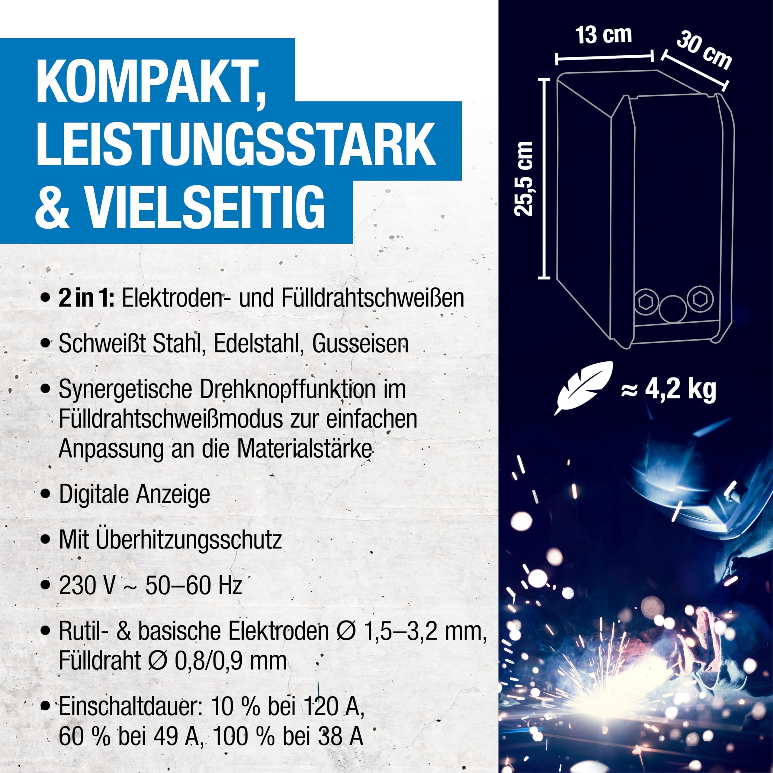 CFH Fülldrahtschweißgerät 120 A FSG 884 – MMA- & FLUX-Schweißgerät ohne Gas, mit Hot Start, Anti Stick & Arc Force, für Elektroden Ø 1,5–3,2 mm und Fülldraht Ø 0,8/0,9 mm, bis 4 mm Materialstärke