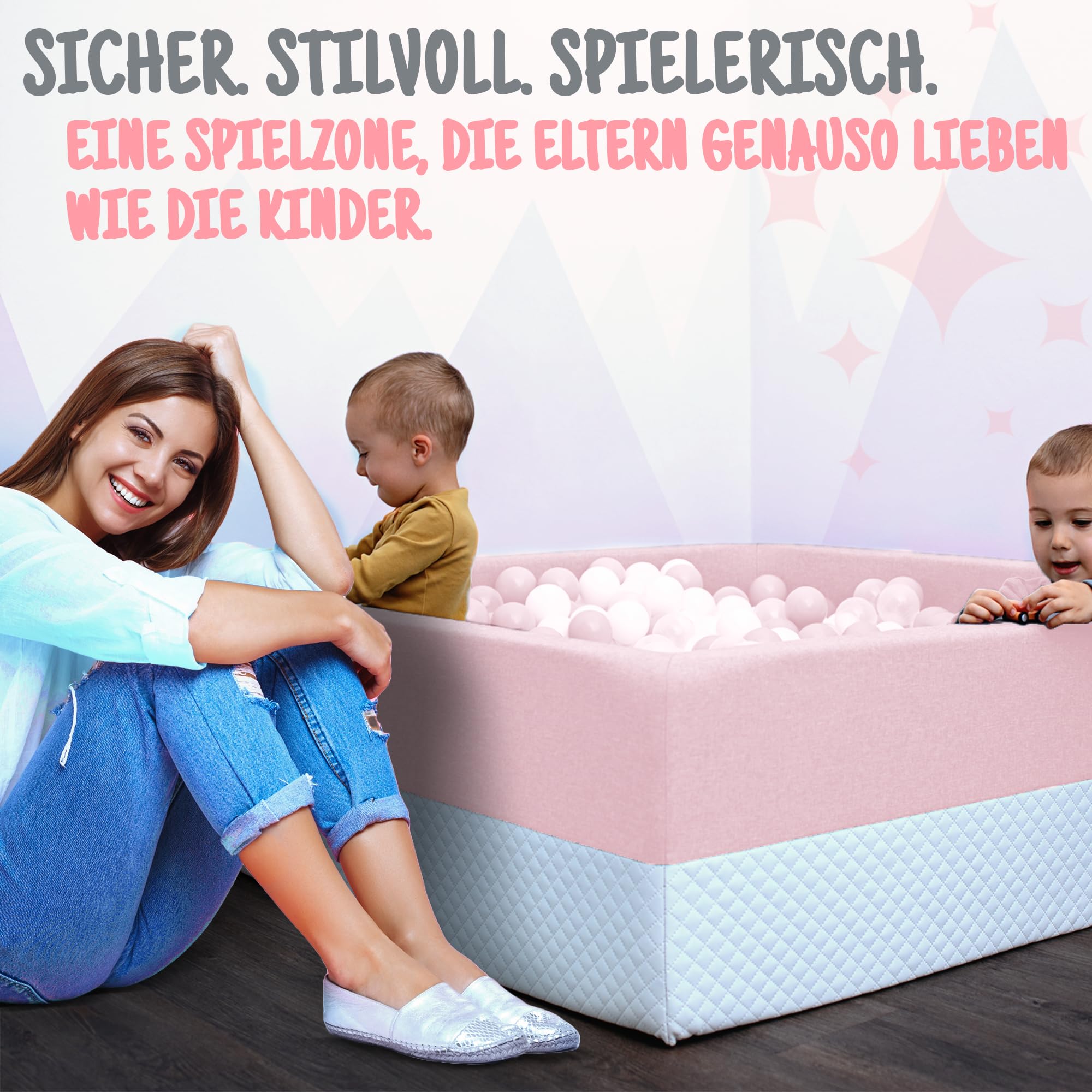 Rainbow Kids - XXL Luxus Bällebad Bällepool Bällebecken Spielbälle Kugelbad Bällchenbad Spielbecken Ball (120x120x40- ohne Bälle)- Rosa-Weiss