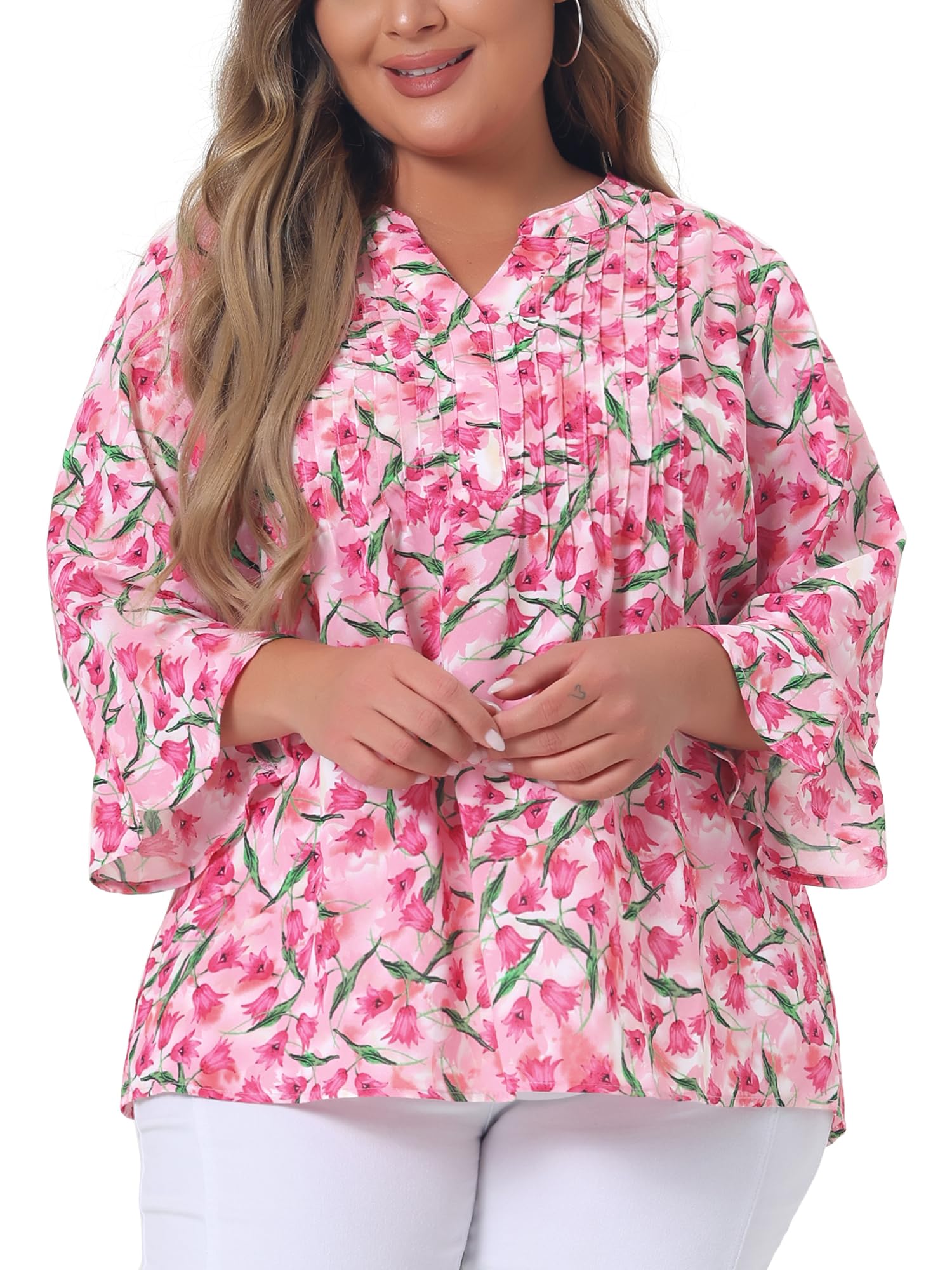 Agnes Orinda Plus Size Tops for Women Pleated Long Sleeves V Neck Floral Blouses Tops