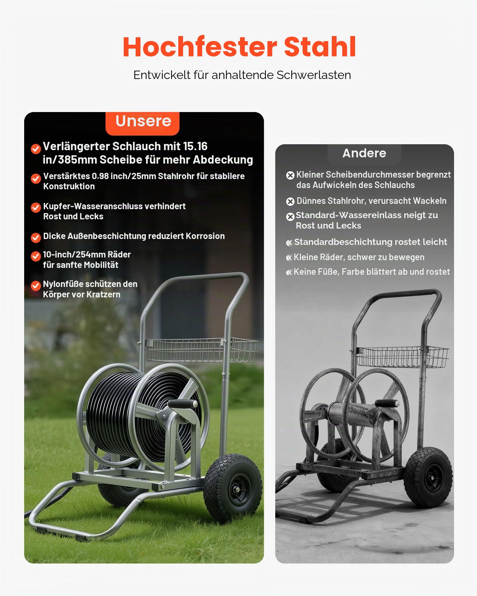 VEVOR Schlauchwagen, 6096/9144cm Gartenschlauchwagen, Schlauchtrommel mit Zwei Rädern, Griff & Aufbewahrungskorb, Schlauchaufroller mit doppeltem Verwendungszweck für Garten, Auto 675x610x900mm