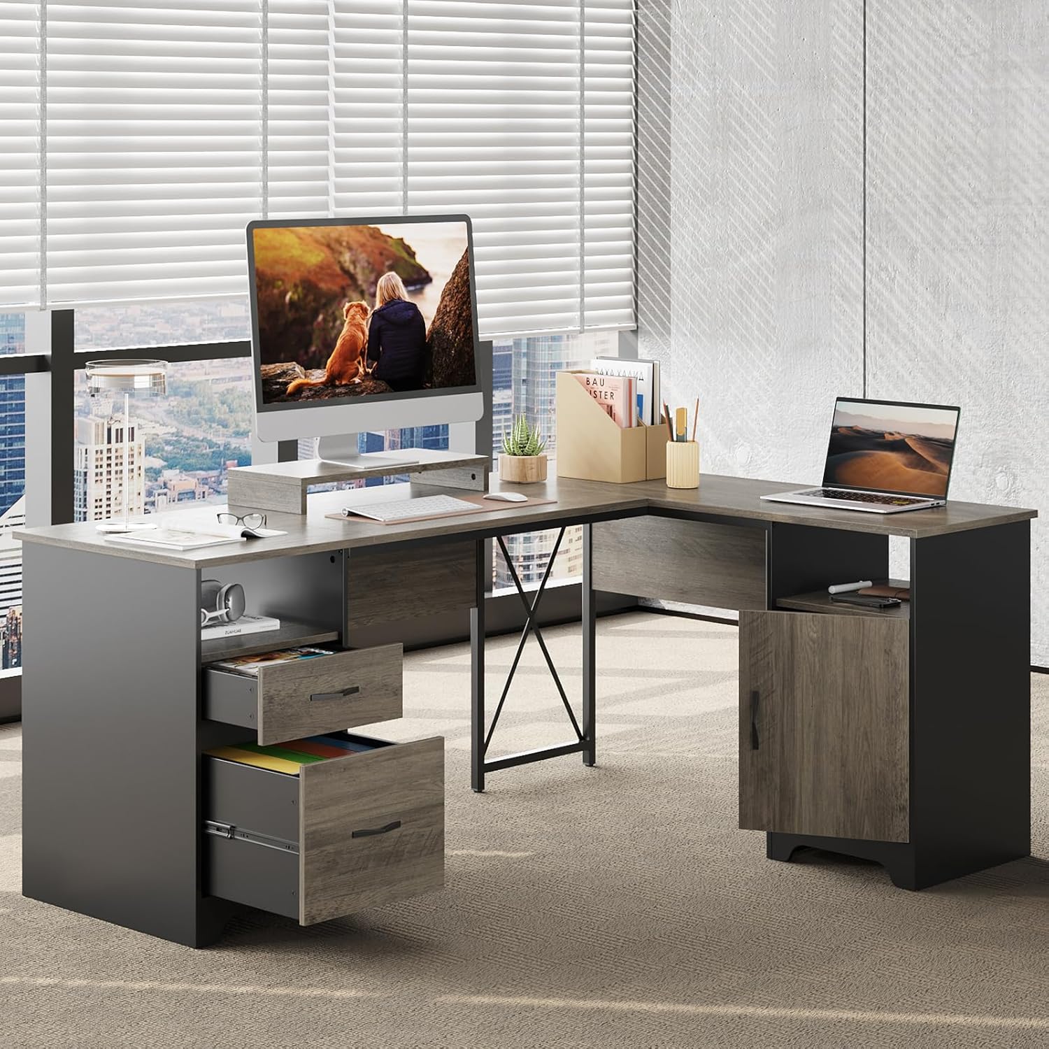 Diagram showing the dimensions and weight capacities of the Bestier L Shaped Desk components