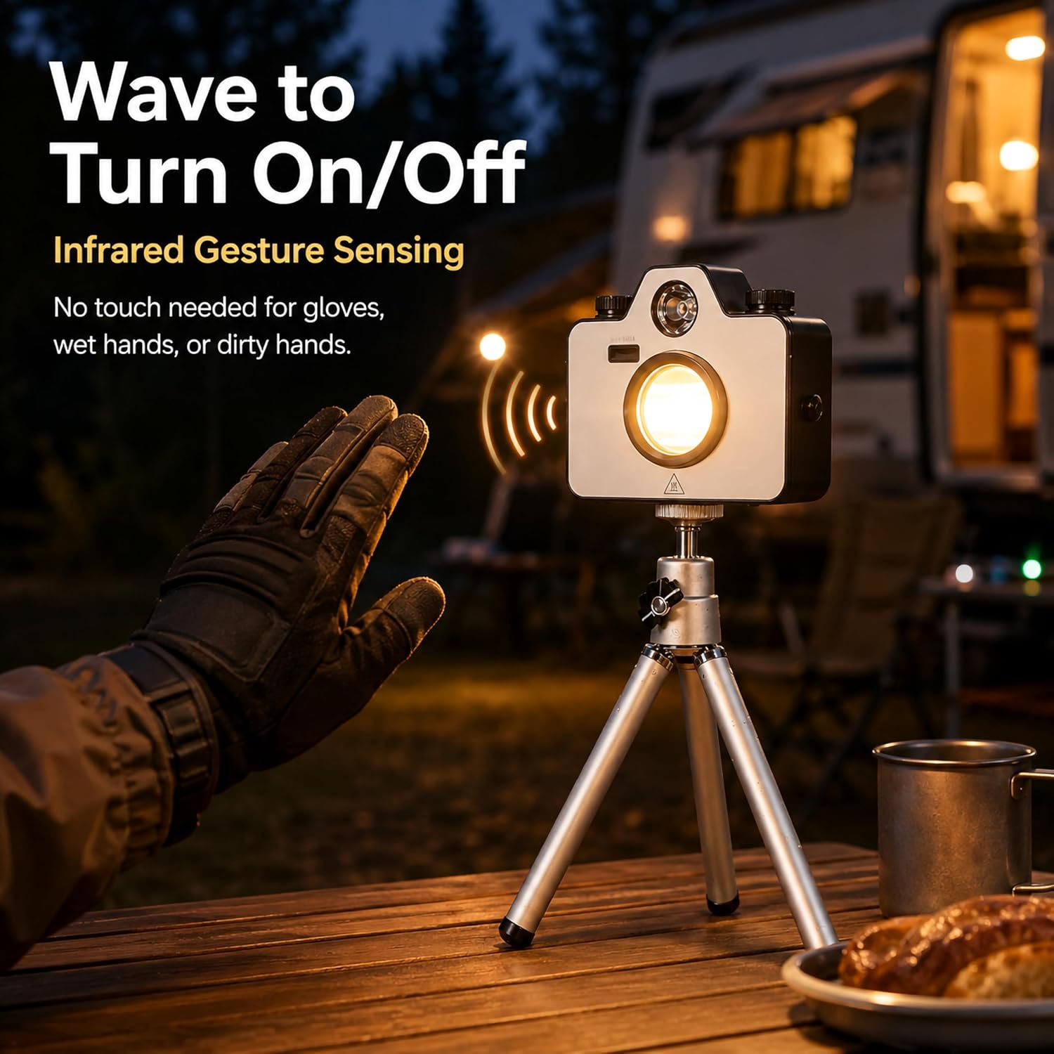 Rechargeable Camping Lantern, Magnetic Back & Tripod, Retro Camera Camping Light, 1500LM Dimmable Tent Light with Infrared Gesture Sensor, Floodlight & Spotlight, IPX5 Water Resistant Emergency Light
