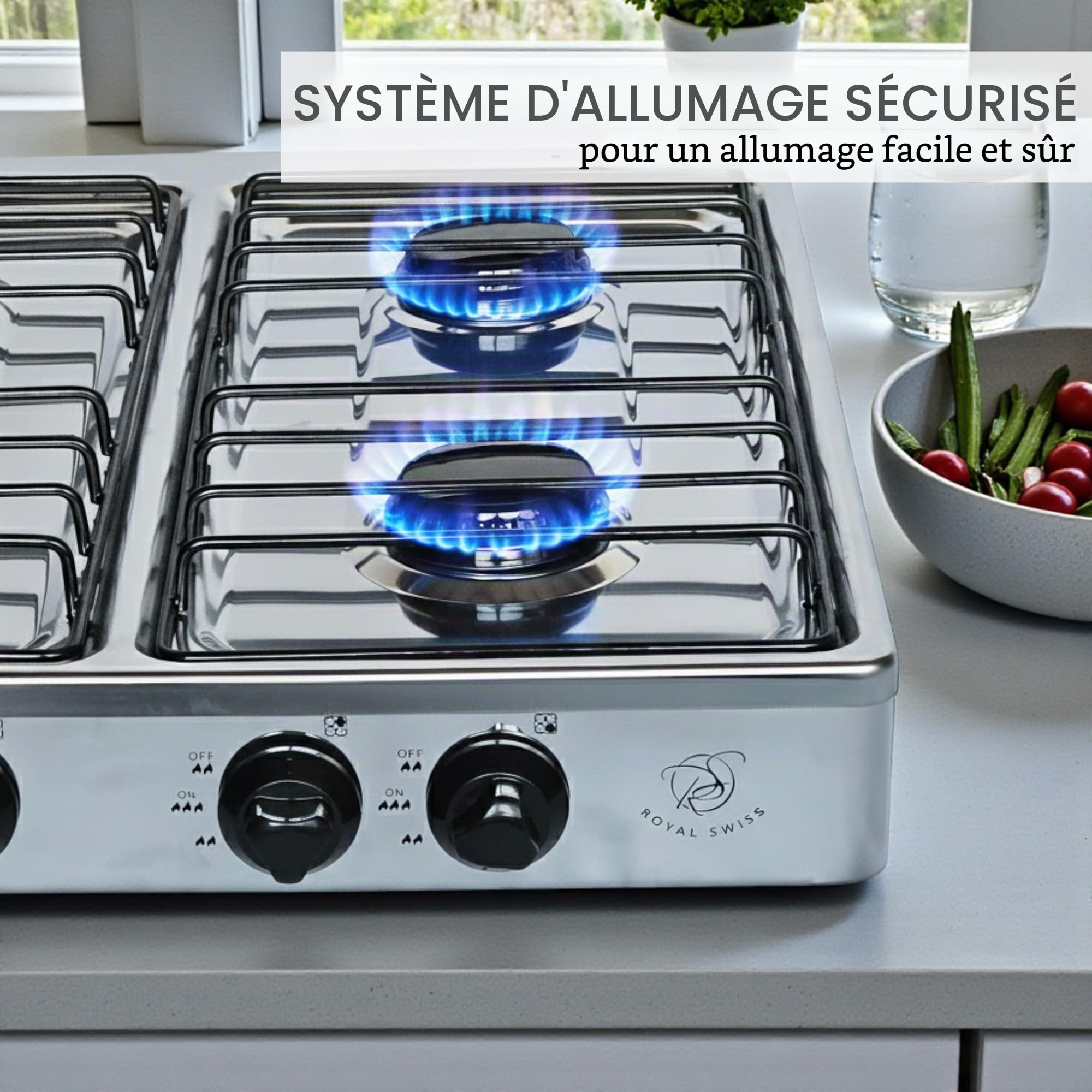 Royal Swiss® Réchaud à Gaz 4 Feux LPG – Cuisinière Gaz Portable 2,2 kW, Brûleurs Aluminium, Stable & Sécurisée, Camping, Jardin, Food Truck, Maison