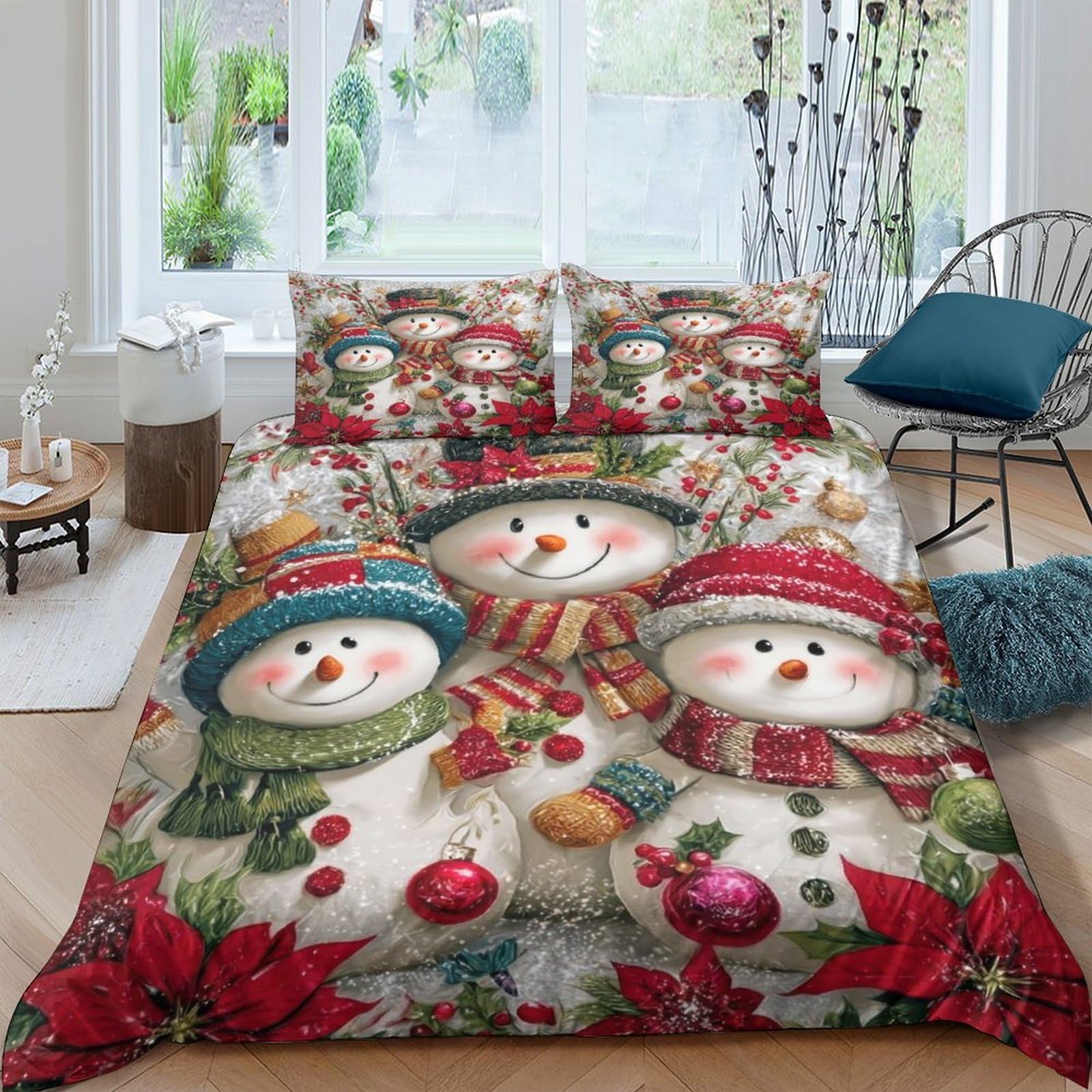 GPLZQXKJNH 3D Printed Snowman Christmas Duvet Cover Microfiber Soft Winter Red Green Quilt Cover with 2 Pillowcases for Bedroom Decor Single（135x200cm）