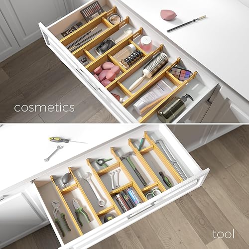 Miniatura 5 de Separadores de cajones de bambú ajustables con insertos, organizador de cajones expandible con resorte para cocina, ropa, herramientas, cubiertos,