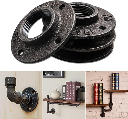 Miniatura 4 de DSDS Paquete de 10 bridas de piso de 4 agujeros de 12 pulgada, brida de piso de hierro maleable industrial rústico negro para estantes de tubería,