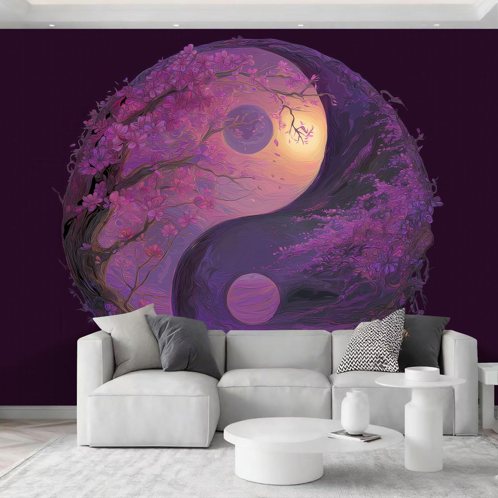 Panoramiczna tapeta 3D 250 x 175 cm fantazyjne kwiaty wiśni symbol Yin i Yang tapeta z włókniny, plakat ścienny do salonu, dekoracji pokoju dziecięcego, łatwy montaż, fioletowy