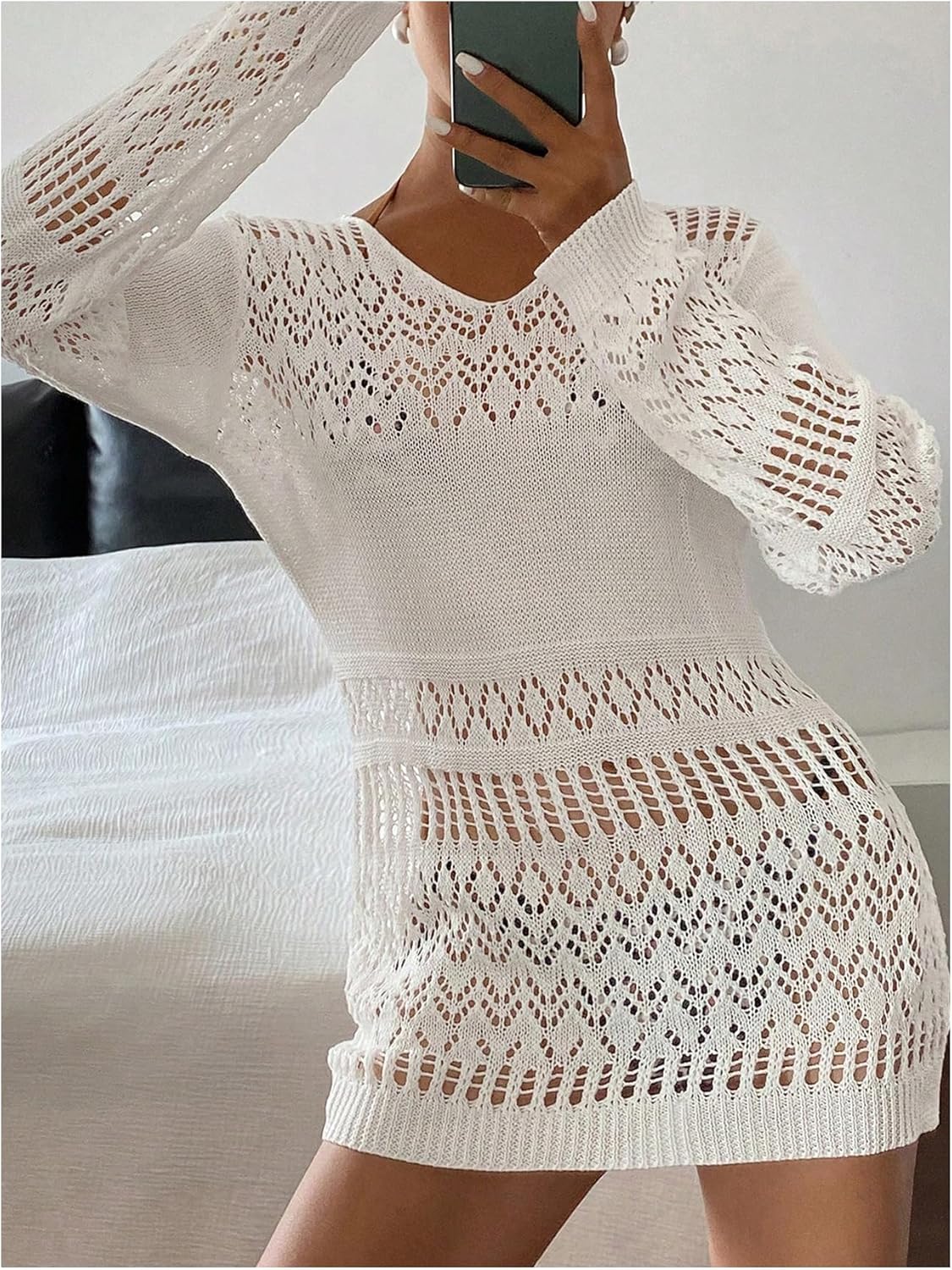 SweatyRocks Women's Beach Crochet Cover Ups Summer Swimwear Mesh Lightweight Long Sleeve Knitted Pullover Tops - Image 4