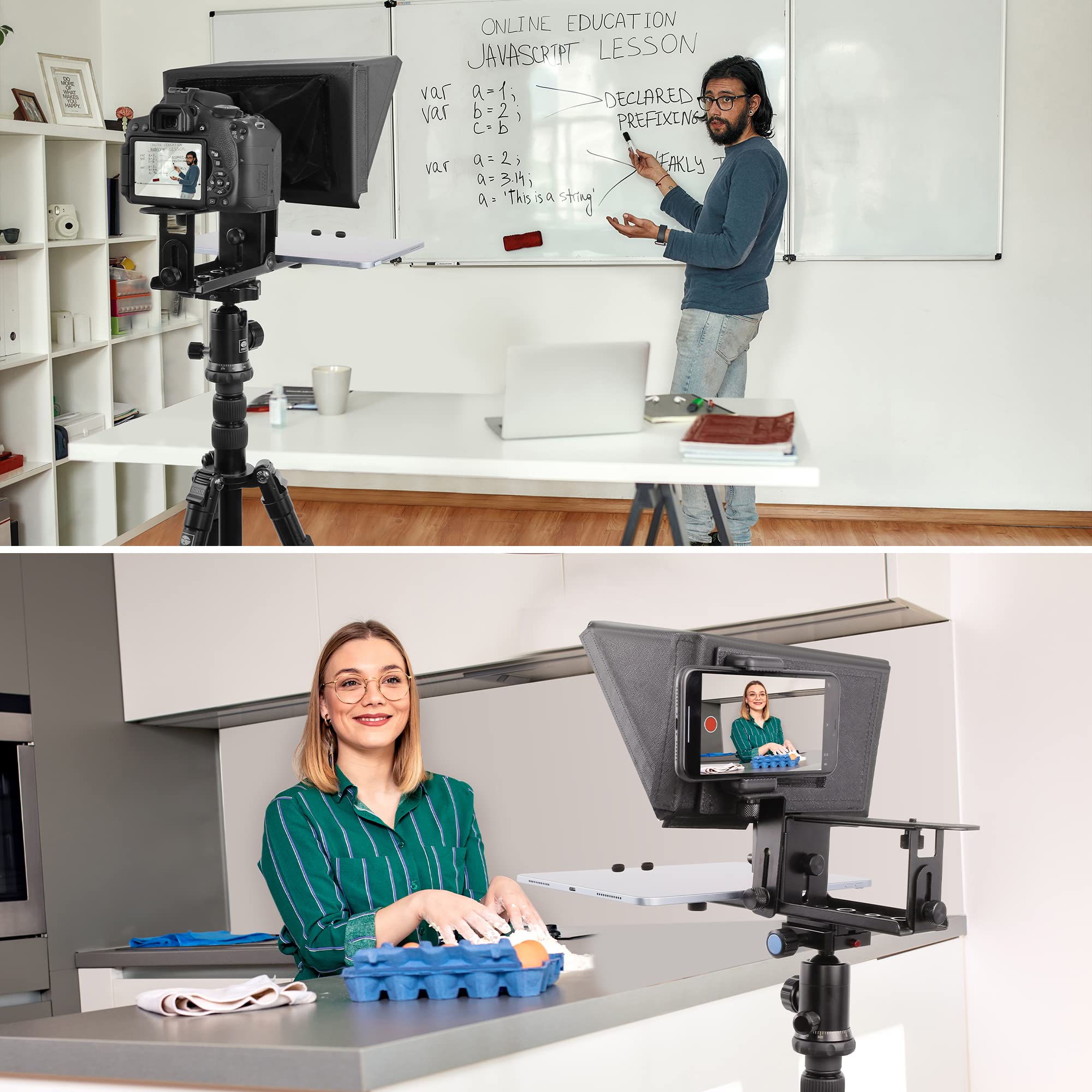 Liftable Teleprompter W/Remote Control and app with Adjustable Tempered Optical Glass Supports Smartphone,DSLR, DV Camcorder Shooting.