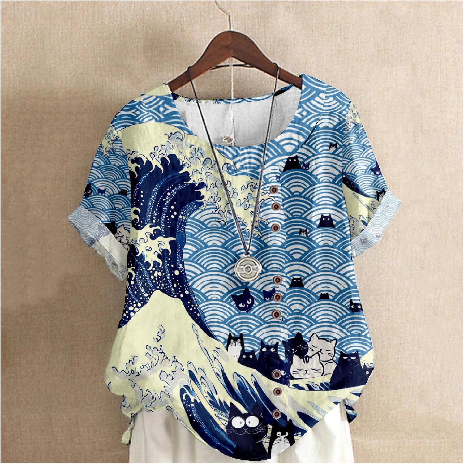 Blue Wave Cat Print Tops for Women Patriotic Plus Size Short Sleeve Crewneck Funny Fashion Summer Casual Shirt - Image 2