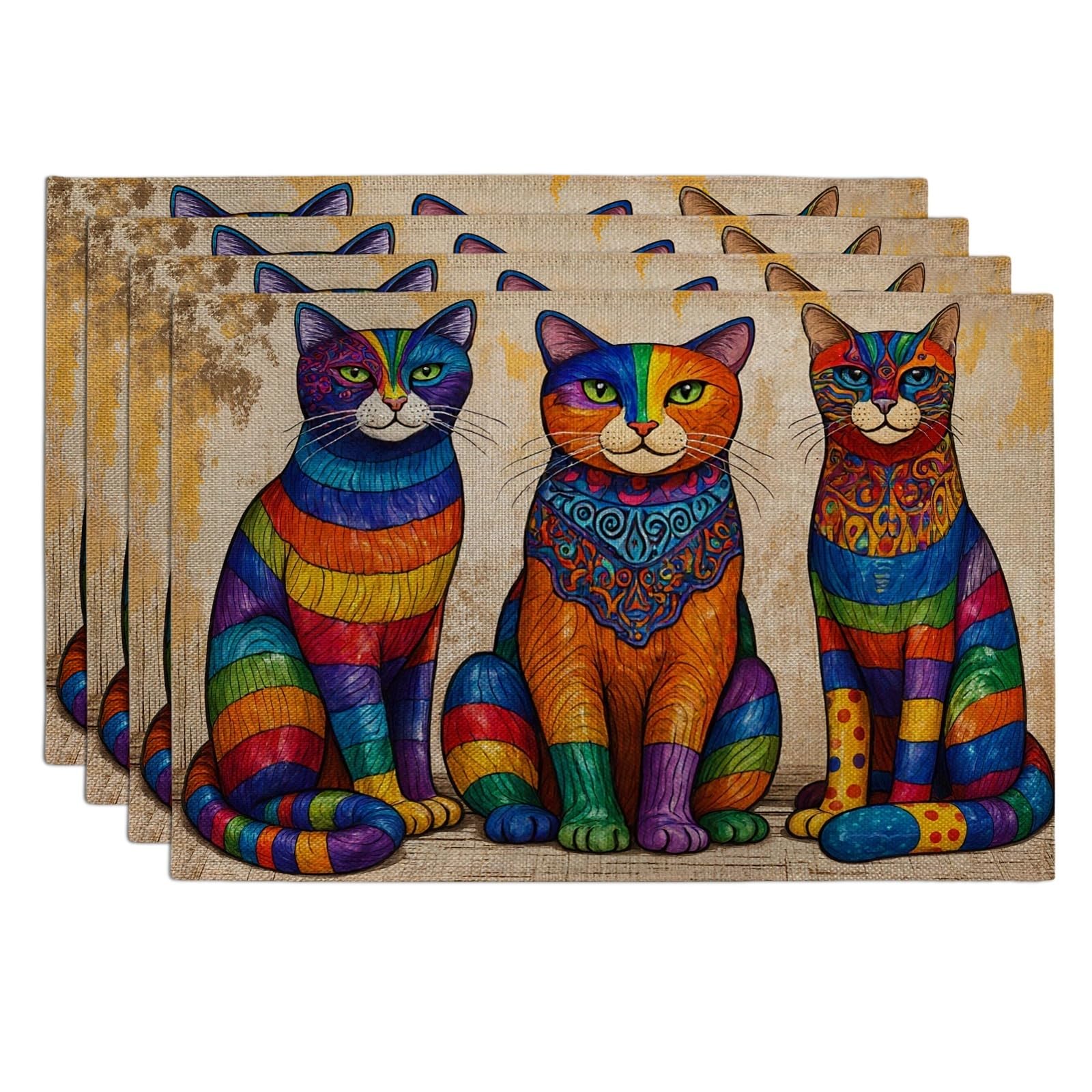 Colorful Cat Placemats, Vibrant Artistic Table Mats for Dining Room, Fun Indoor Outdoor Kitchen Party Decorative Placemat Set of 4