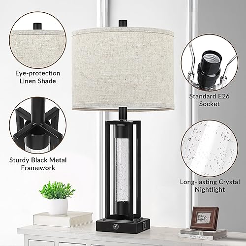 Miniatura 4 de TOBUSA Juego de 2 lámparas de mesa de granja de 26 pulgadas para sala de estar con luz nocturna de cristal, lámparas modernas de mesita de noche con