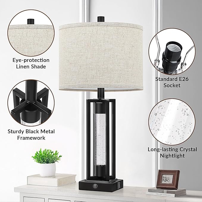 Lámpara de Mesa TOBUSA 26" Negra con USB y Luz Nocturna 2 Unidades miniatura 4