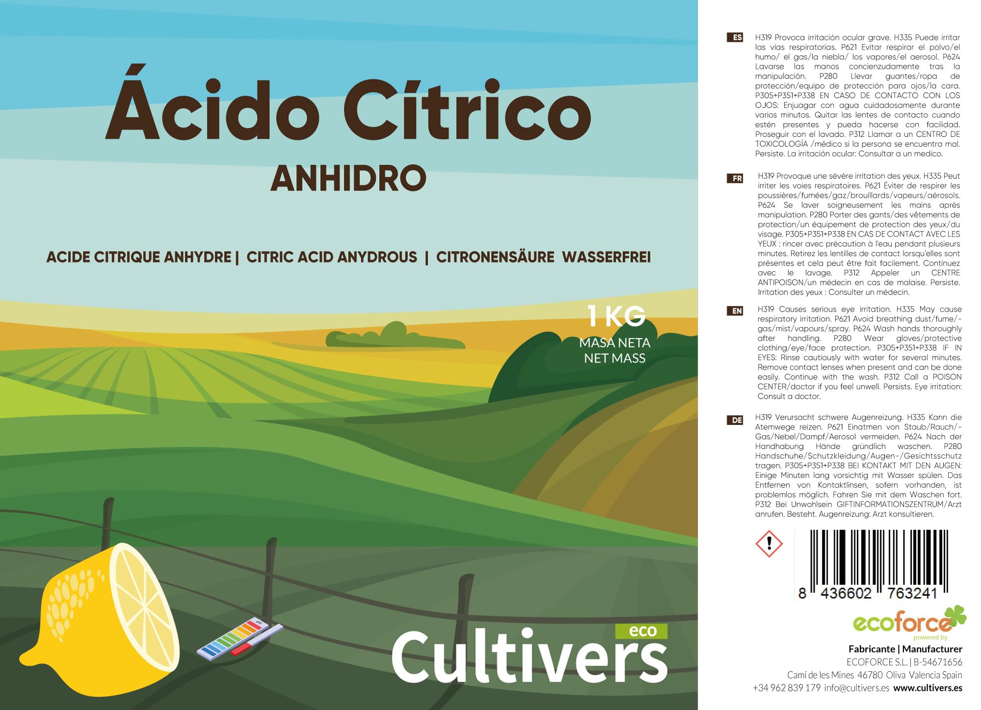CULTIVERS Ácido Cítrico Anhidro 100% Puro 2,5 Kg | Limpiador Multiusos Ecológico | Corrector de pH para Agricultura y Riego | Ideal para Cocina, Baño y Jardín