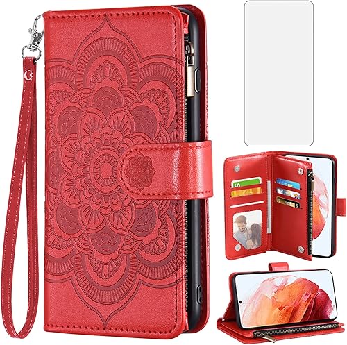 Asuwish Compatible con Samsung Galaxy S22 5G - Funda tipo cartera y protector de pantalla de vidrio templado, funda de piel con diseño de flores,