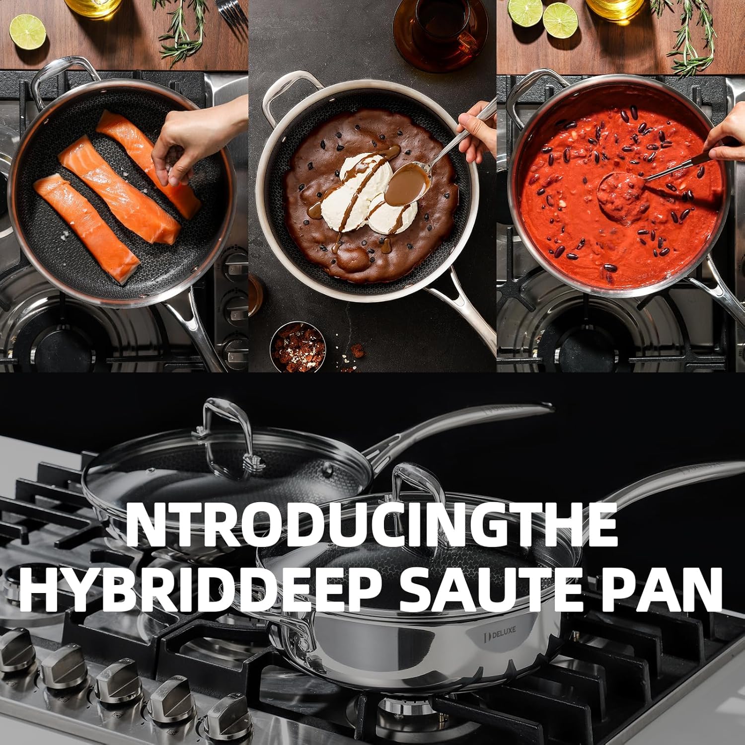 Deluxe 13 Piece Hybrid Ceramic Nonstick Stainless Steel Cookware Set-5 Piece Frying Pan Set, 6 PC Pot Set, 3.7QT Deep Sauté Pan&Lid, Induction Ready, Stay Cool, PFOA Free Compatible with All Cooktops