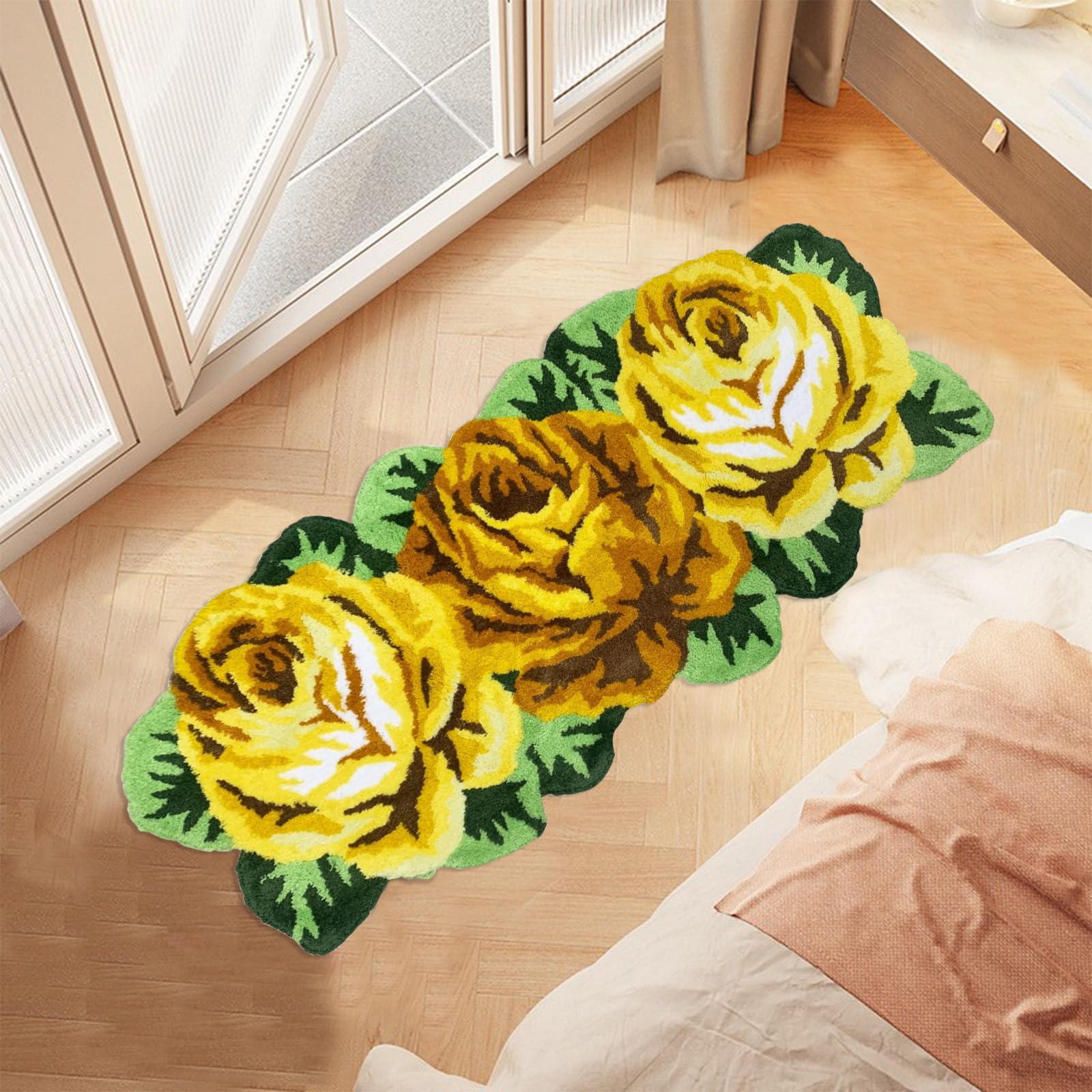 ABREEZE Yellow Rose Runner Rug Flower Shaped Floor Mat Washable Non-Slip Bath Mat Floor Rugs for Bedroom,Living Room,Kitchen,Bathroom(Yellow)