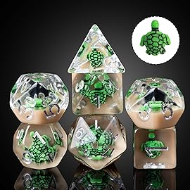 Cusdie 7-Die DND Dice, Polyhedral Dice Set Filled with Animal, for Role Playing Game D&D Dice (Green Turtle)