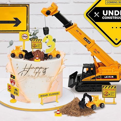 Miniatura 2 de RAYNAG 16 piezas de decoración de pasteles de construcción para vehículos, decoración de tartas, suministros de fiesta de cumpleaños, grúa grande,