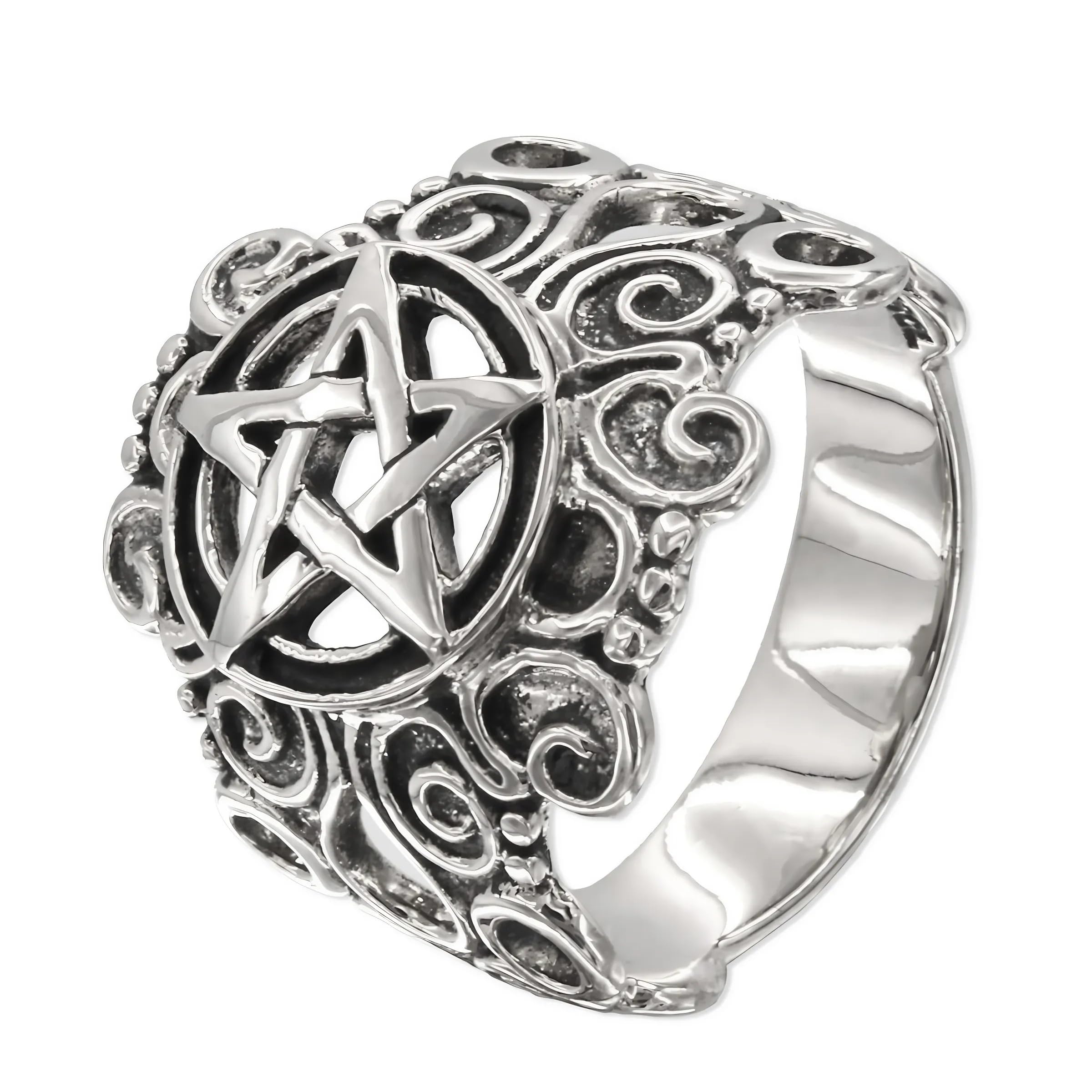 Moonlight Mysteries Witchcraft Ring - .925 Sterling Silver Large Pentacle Ring - Pagan Wiccan Witch Pentagram Protection Jewelry (Size 4-15)