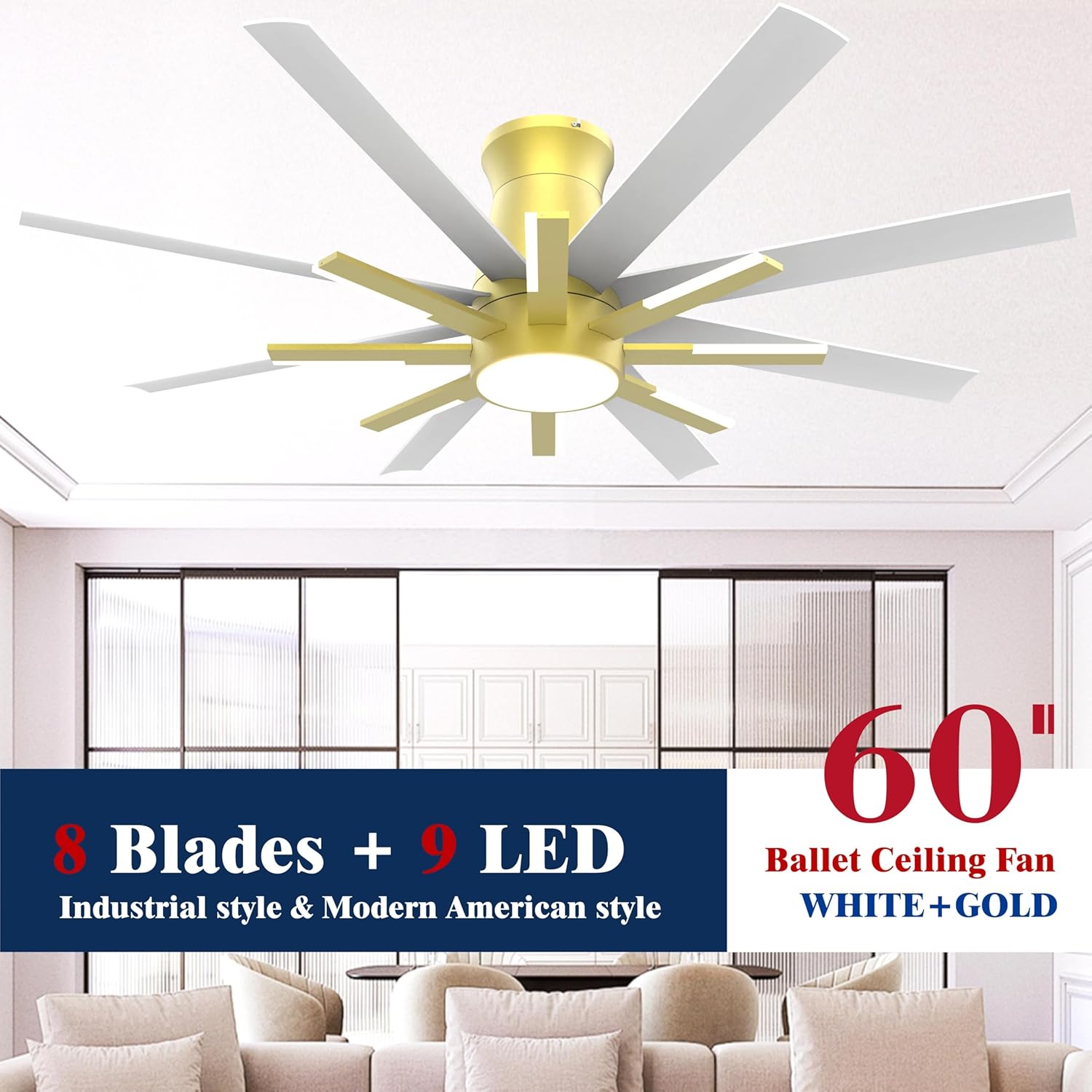 60 inch White Ceiling Fans with Lights and Remote, Flush Mount Ceiling Fan for Living Room Bedoom，6 Speed Reversible，8 Blades and 9 Lights，3 CCT，White Gold