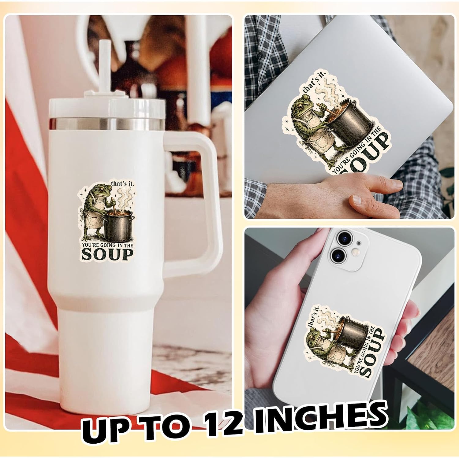 3 Pcs That's It You're Going in the Soup Sticker Funny Frog Weirdcore Aesthetic Waterproof Vinyl Decal for Water Bottle Tumbler Hard Hat Helmet Car Laptop Gift 3 Inches image 2