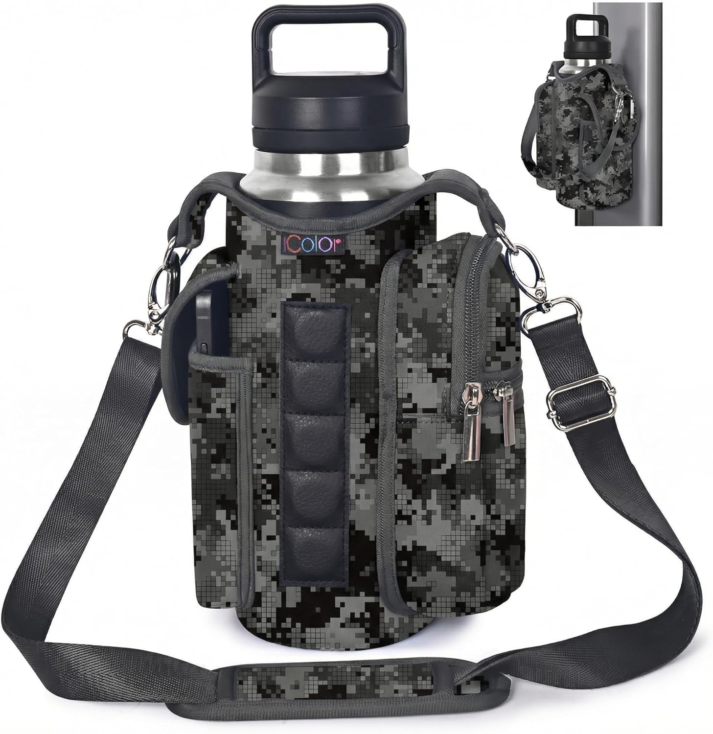 icolor Magnetic Gym Bag Water Bottle Carrier Holder with Phone Pockets & Shoulder Strap,Gym Magnetic Bag 5 Built-in Magnets Gym Accessories Organizer Sling Bottle Bag Pouch Sleeve