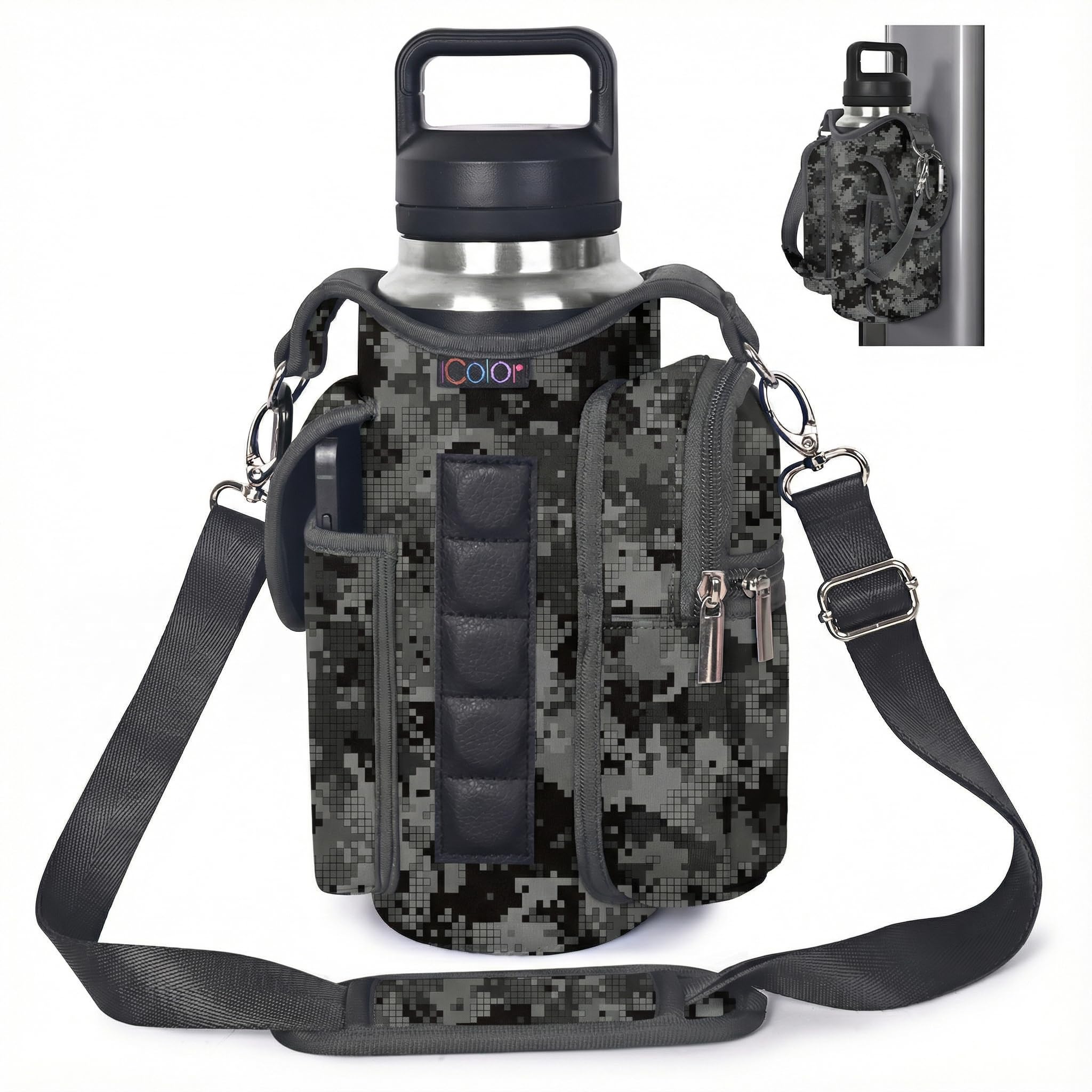 icolor Gym Magnetic Bag Water Bottle Carrier Holder with Strap & Phone Pockets, Diameter 3.9" Magnetic Gym Bag 5 Built-in Magnets Gym Accessories Organizer Pouch Sling Sleeve (Neoprene, Camouflage)