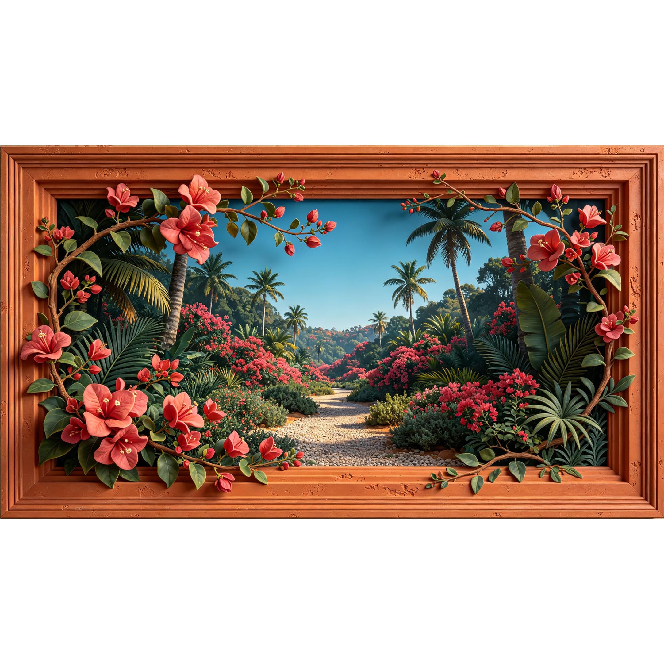 QZLITHOTIC 50×100cm 3D Framed Wall Art， Tropical Jungle Floral Path Landscape Self?Adhesive Mural， Water?Activated Peel & Stick Fabric Decor Wall Decal for Bedroom Living Room